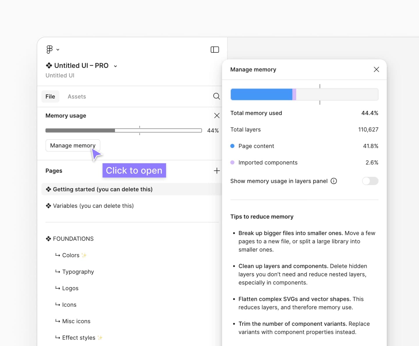 Figma Manage memory dialog